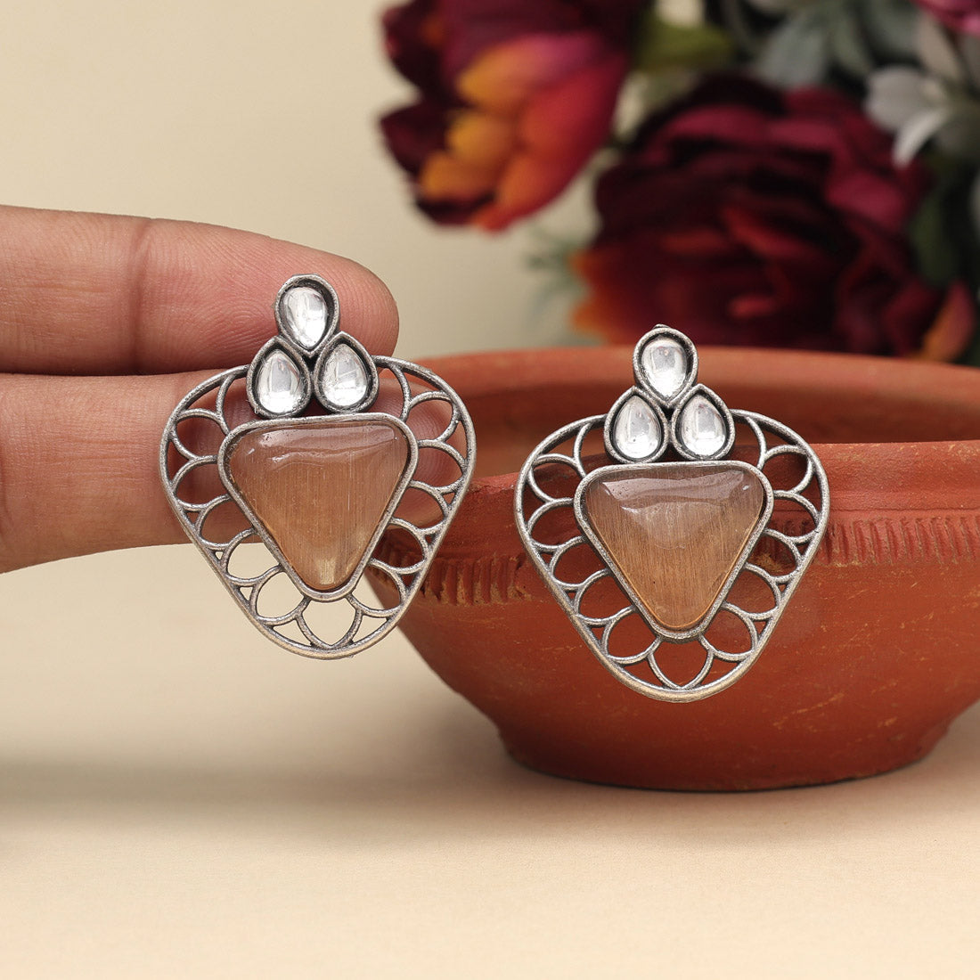 Peach Color Monalisa Stone Oxidised Earrings (GSE2829PCH) - preyans.com