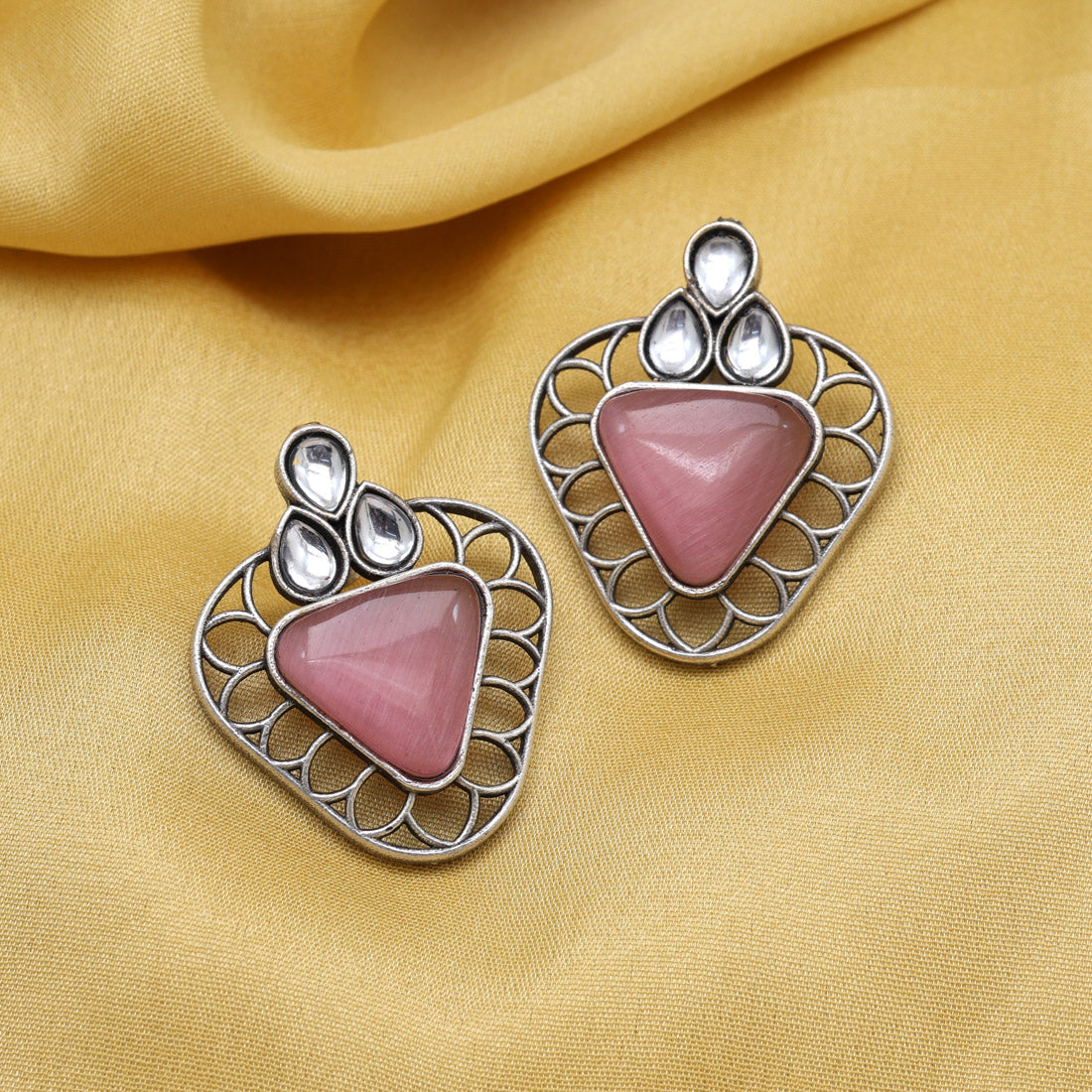 Pink Color Monalisa Stone Oxidised Earrings (GSE2829PNK) - preyans.com