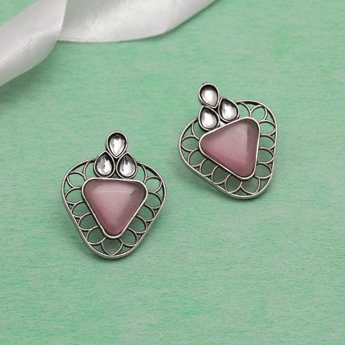 Pink Color Monalisa Stone Oxidised Earrings (GSE2829PNK) - preyans.com