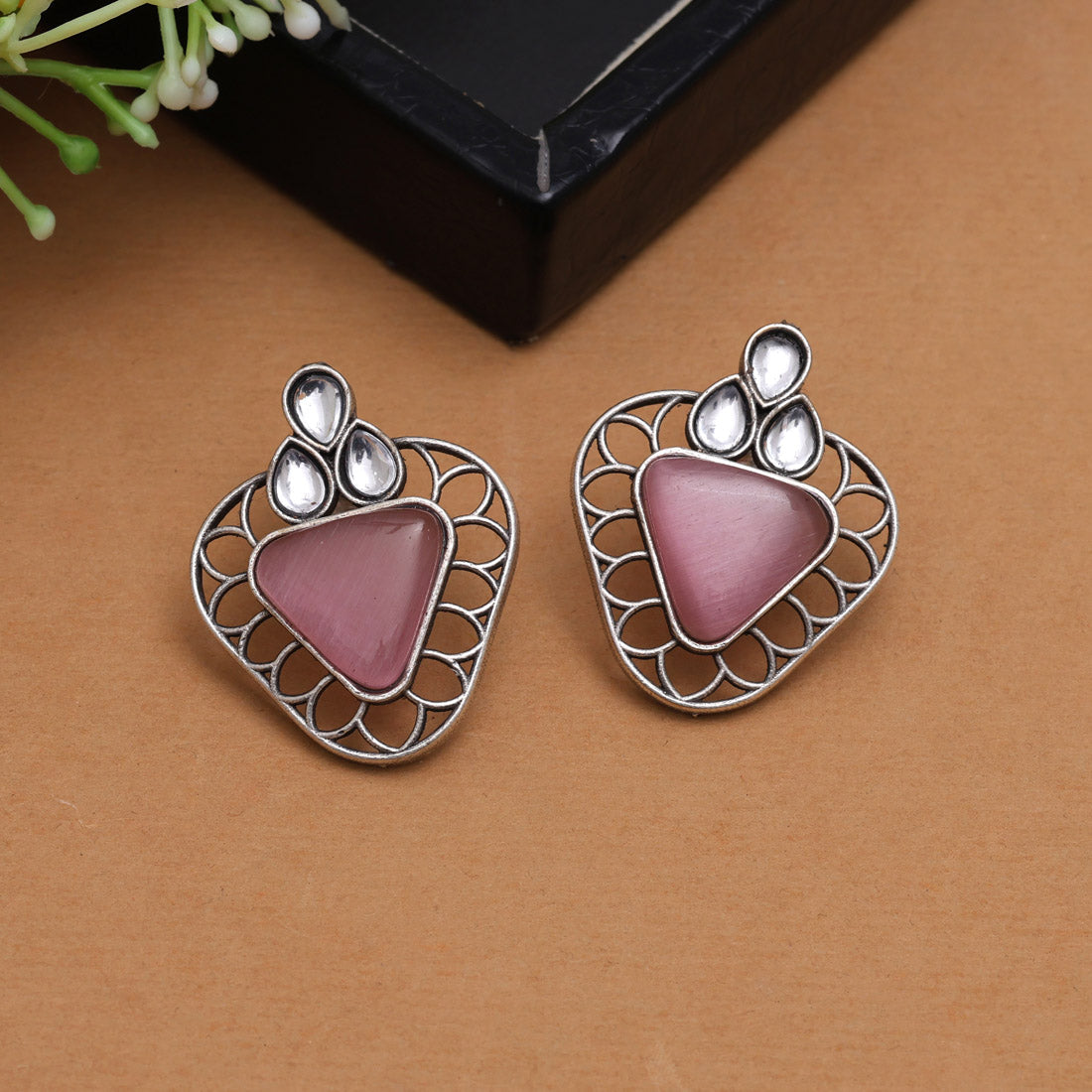 Pink Color Monalisa Stone Oxidised Earrings (GSE2829PNK) - preyans.com