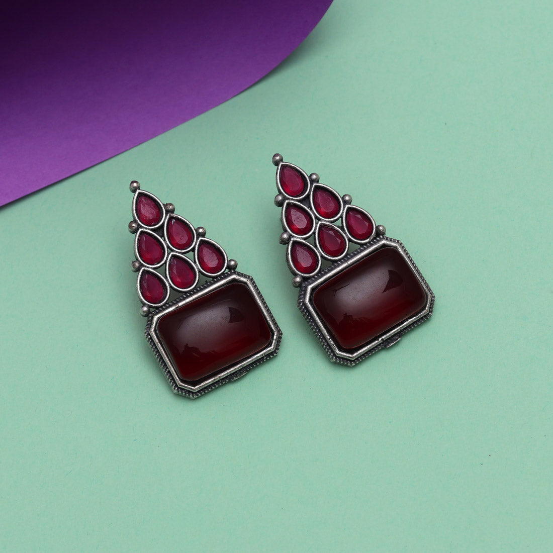 Maroon Color Monalisa Stone Oxidised Earrings (GSE2831MRN) - preyans.com