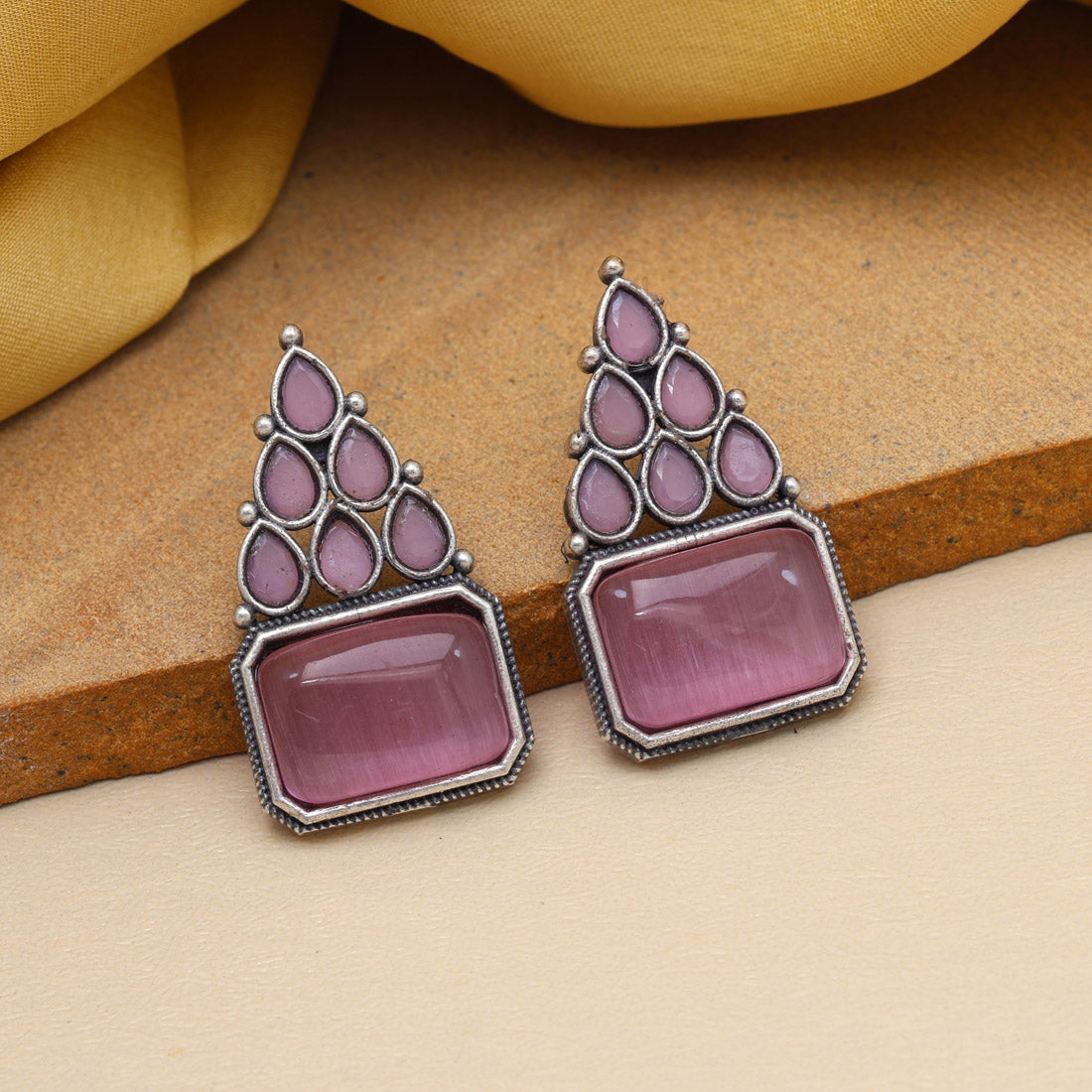 Pink Color Monalisa Stone Oxidised Earrings (GSE2831PNK) - preyans.com