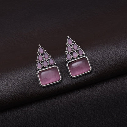 Pink Color Monalisa Stone Oxidised Earrings (GSE2831PNK) - preyans.com