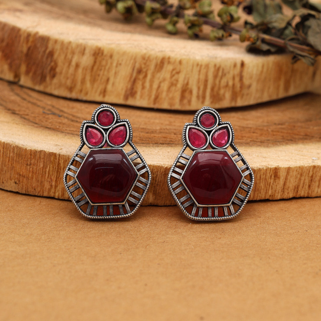 Maroon Color Monalisa Stone Oxidised Earrings (GSE2834MRN) - preyans.com