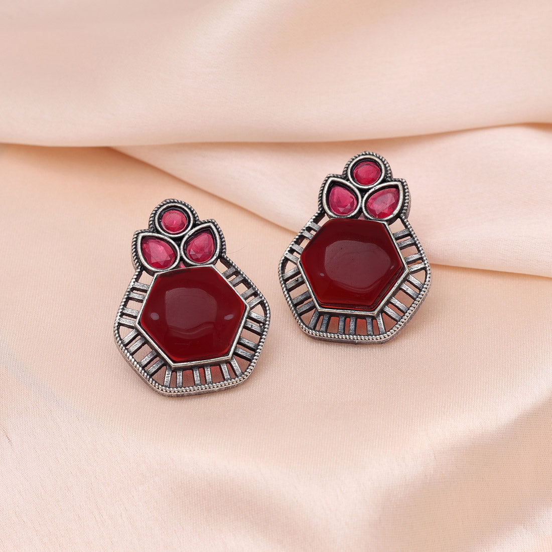 Maroon Color Monalisa Stone Oxidised Earrings (GSE2834MRN) - preyans.com