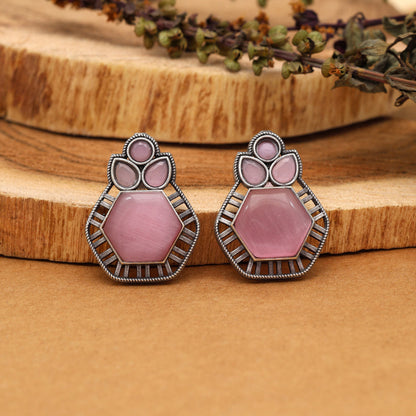 Pink Color Monalisa Stone Oxidised Earrings (GSE2834PNK) - preyans.com