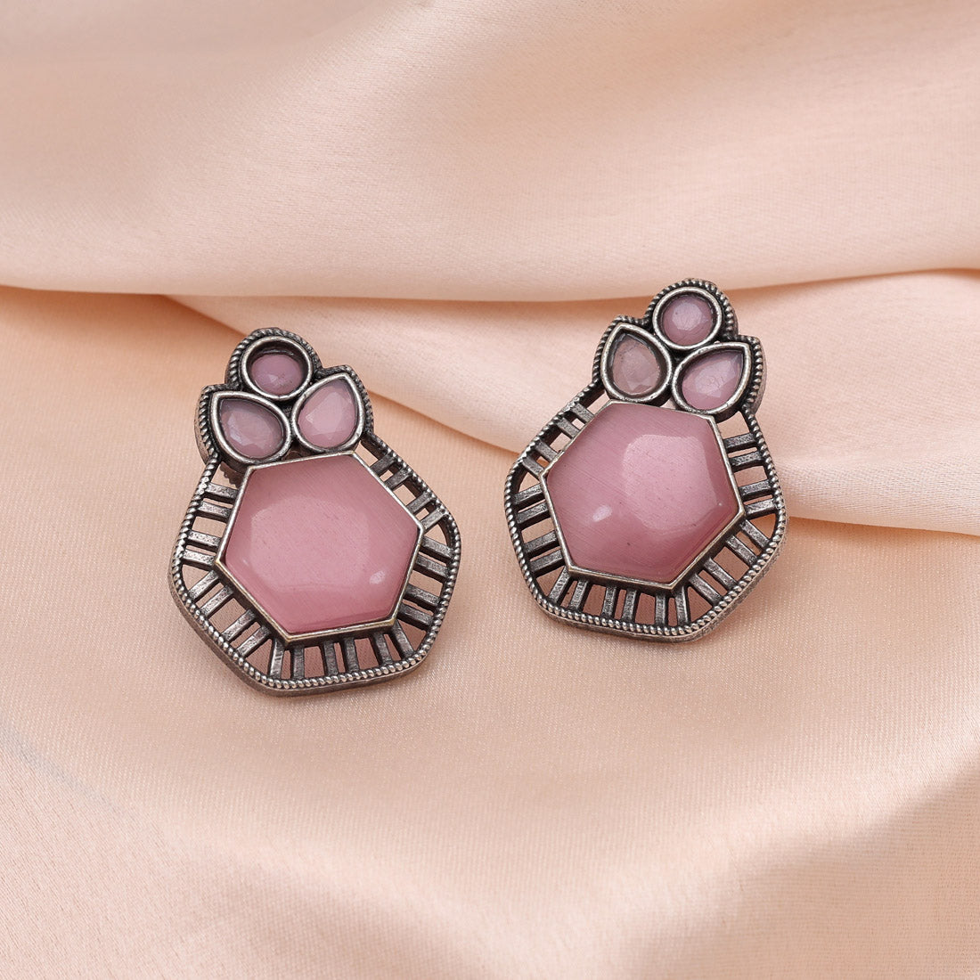 Pink Color Monalisa Stone Oxidised Earrings (GSE2834PNK) - preyans.com