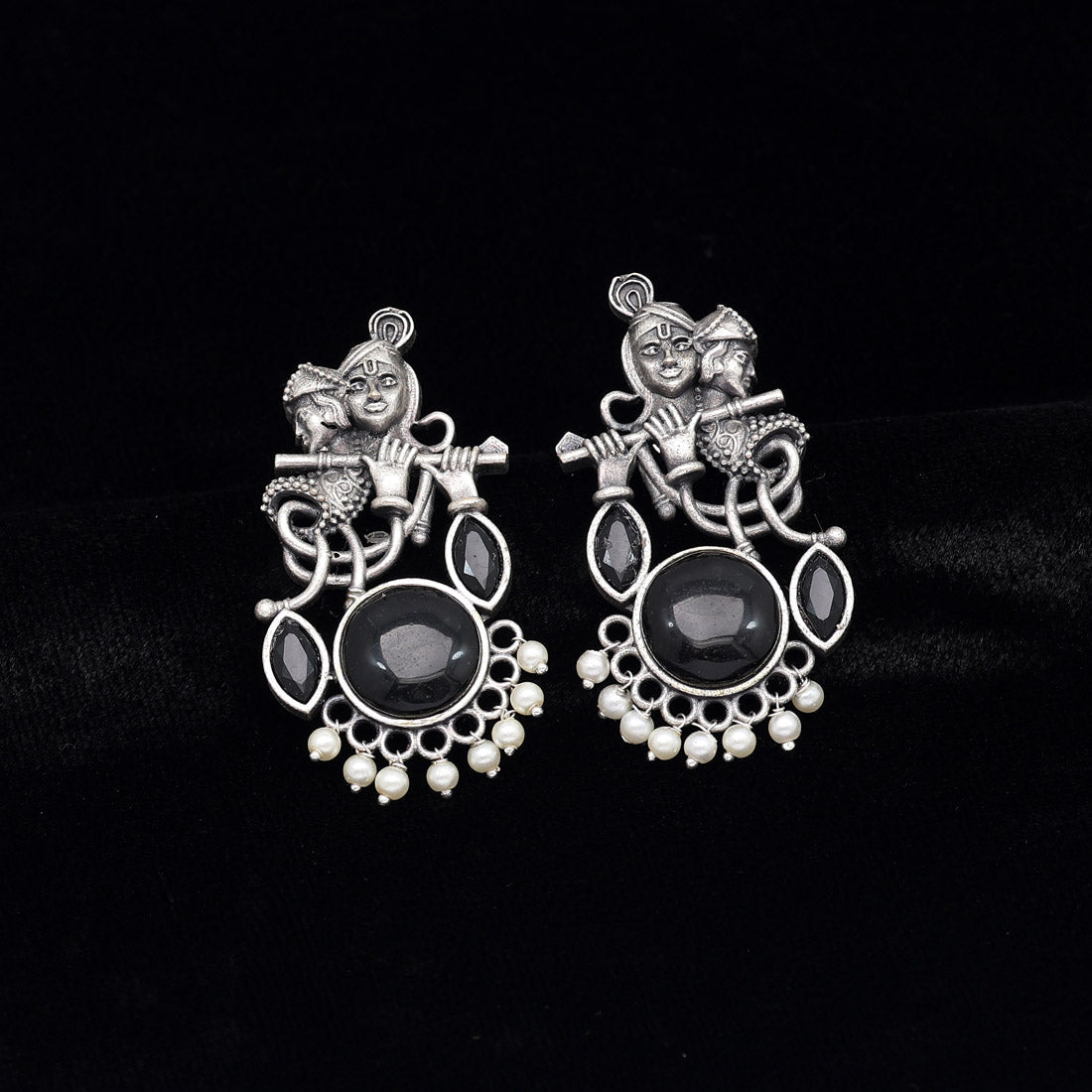 Black Color Lord Radha Krishna Monalisa Stone Oxidised Earrings (GSE2837BLK) - preyans.com