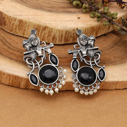 Black Color Lord Radha Krishna Monalisa Stone Oxidised Earrings (GSE2837BLK) - preyans.com