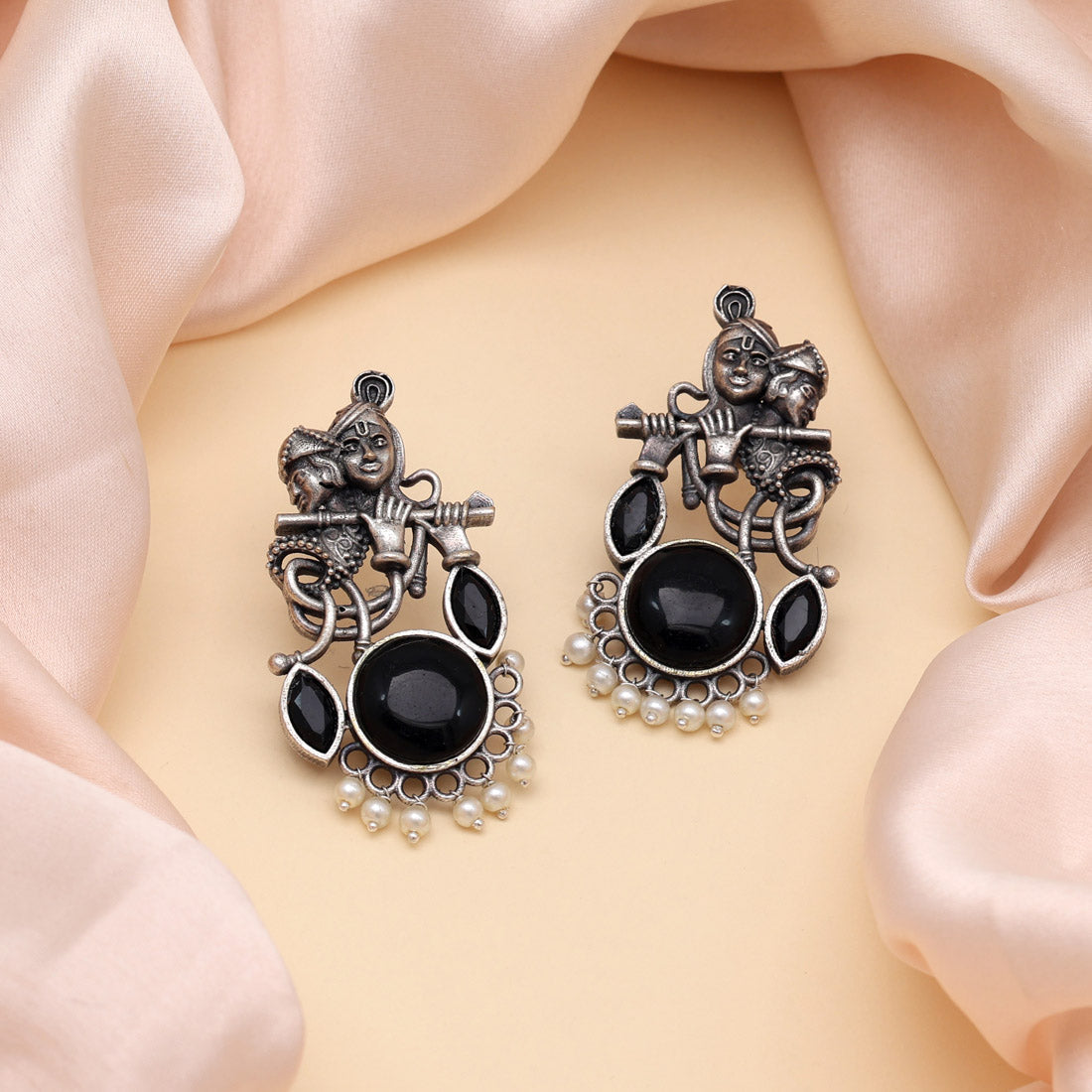 Black Color Lord Radha Krishna Monalisa Stone Oxidised Earrings (GSE2837BLK) - preyans.com