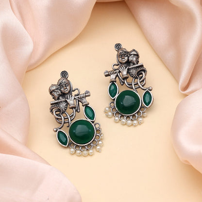 Green Color Lord Radha Krishna Monalisa Stone Oxidised Earrings (GSE2837GRN) - preyans.com