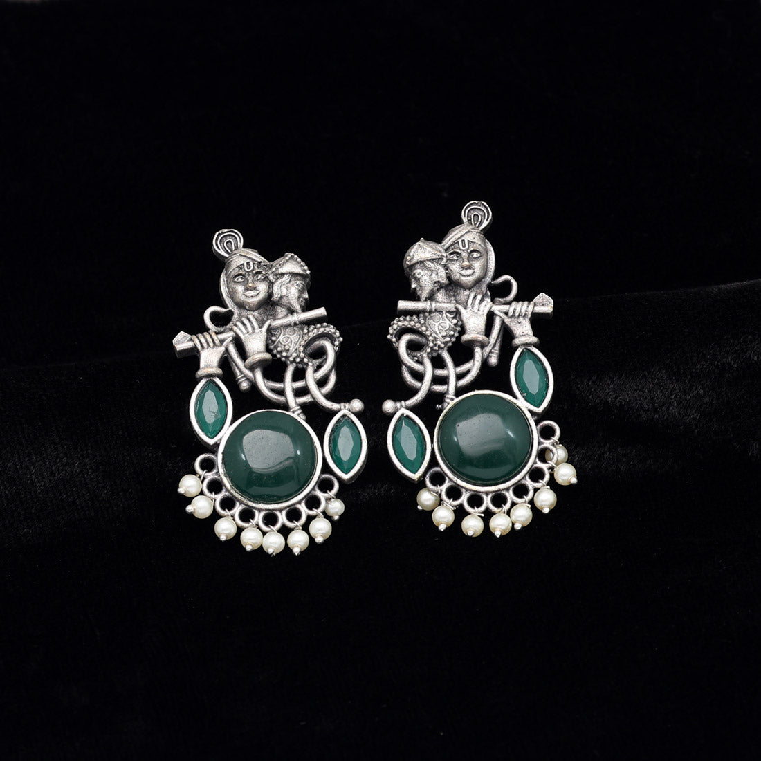 Green Color Lord Radha Krishna Monalisa Stone Oxidised Earrings (GSE2837GRN) - preyans.com