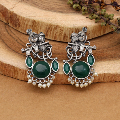 Green Color Lord Radha Krishna Monalisa Stone Oxidised Earrings (GSE2837GRN) - preyans.com