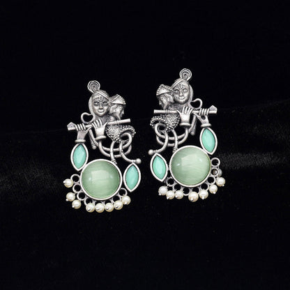 Light Green Color Lord Radha Krishna Monalisa Stone Oxidised Earrings (GSE2837LGRN) - preyans.com