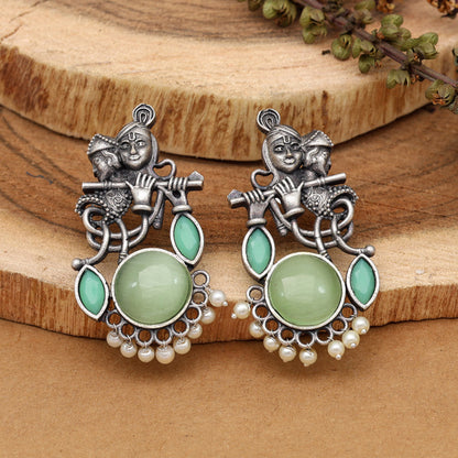 Light Green Color Lord Radha Krishna Monalisa Stone Oxidised Earrings (GSE2837LGRN) - preyans.com