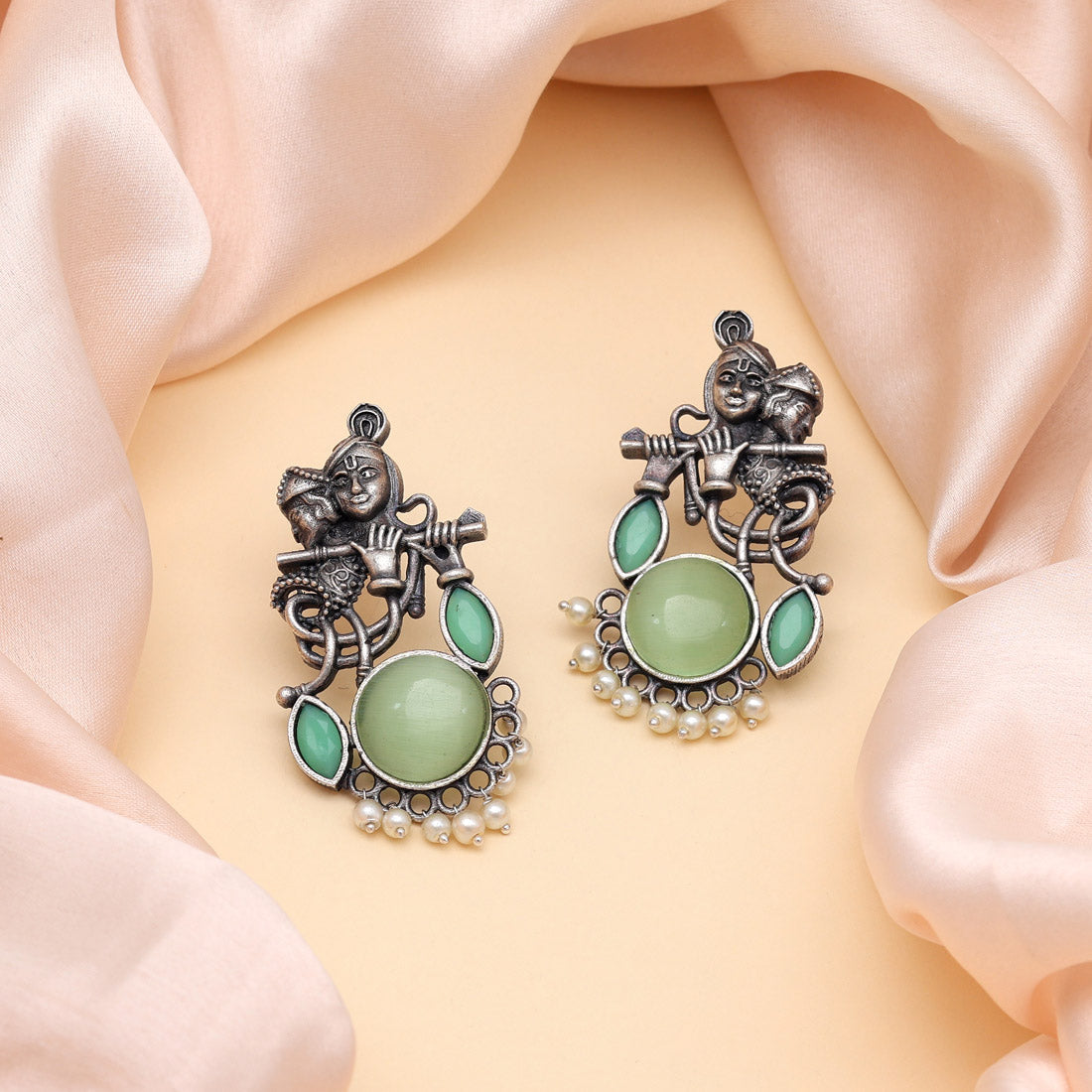 Light Green Color Lord Radha Krishna Monalisa Stone Oxidised Earrings (GSE2837LGRN) - preyans.com