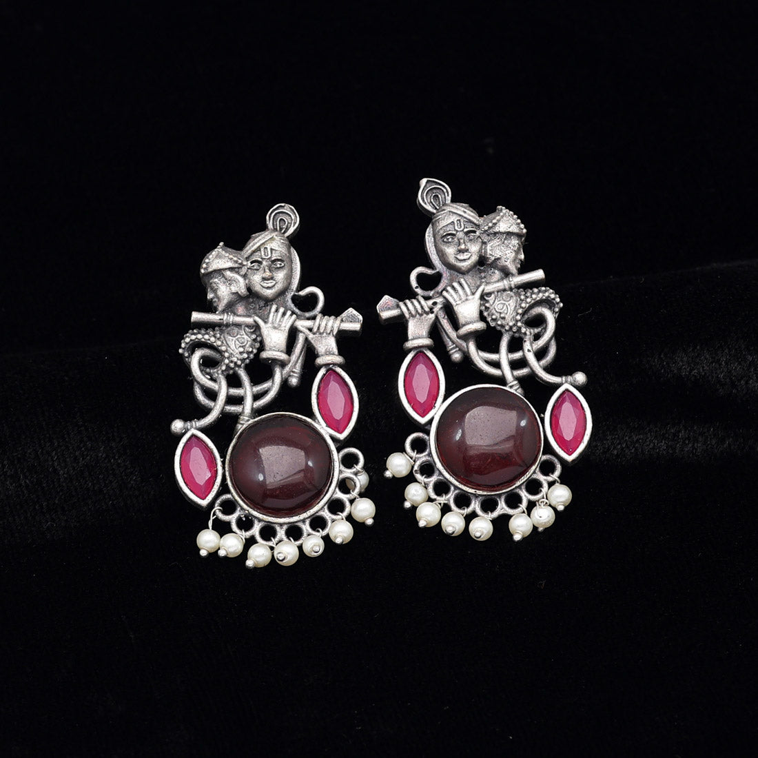 Maroon Color Lord Radha Krishna Monalisa Stone Oxidised Earrings (GSE2837MRN) - preyans.com