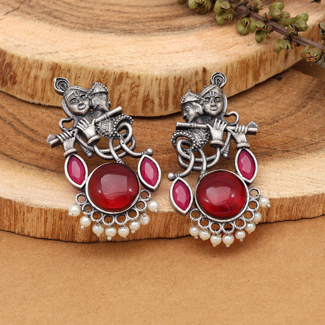 Maroon Color Lord Radha Krishna Monalisa Stone Oxidised Earrings (GSE2837MRN) - preyans.com