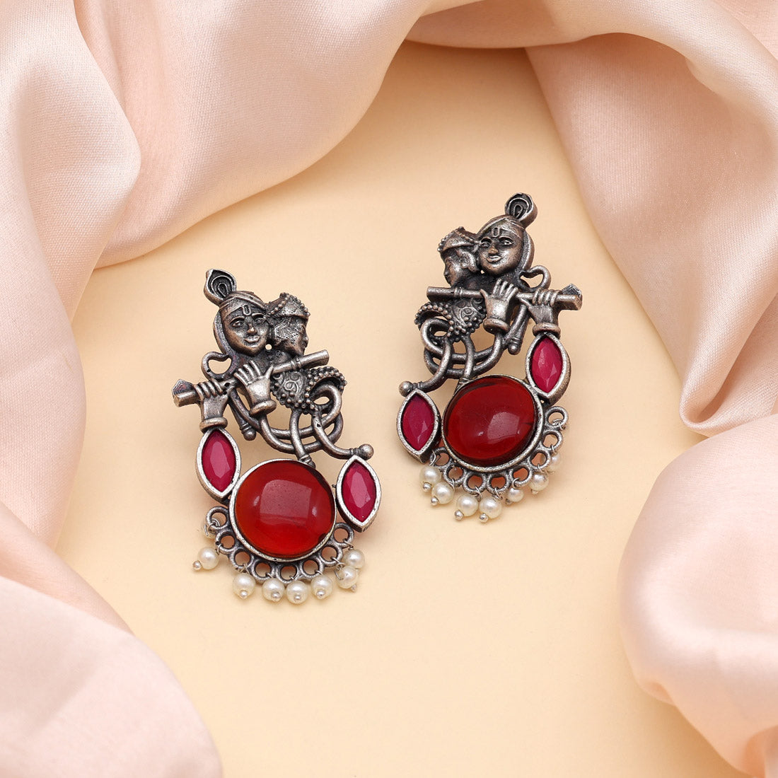 Maroon Color Lord Radha Krishna Monalisa Stone Oxidised Earrings (GSE2837MRN) - preyans.com