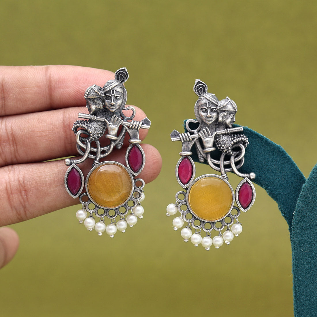 Mustard Yellow Color Lord Radha Krishna Monalisa Stone Oxidised Earrings (GSE2837MYLW) - Preyans.com