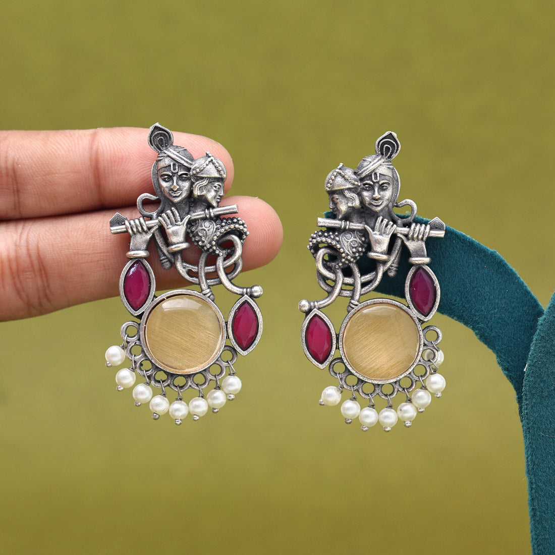 Peach Color Lord Radha Krishna Monalisa Stone Oxidised Earrings (GSE2837PCH) - Preyans.com