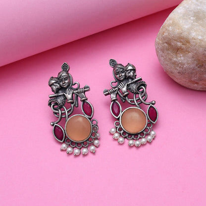 Peach Color Lord Radha Krishna Monalisa Stone Oxidised Earrings (GSE2837PCH) - Preyans.com