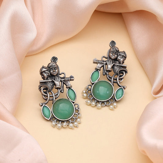 Pista Green Color Lord Radha Krishna Monalisa Stone Oxidised Earrings (GSE2837PGRN) - preyans.com