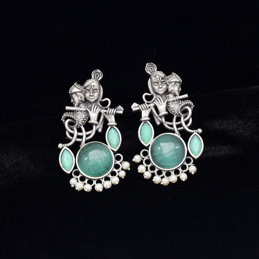 Pista Green Color Lord Radha Krishna Monalisa Stone Oxidised Earrings (GSE2837PGRN) - preyans.com