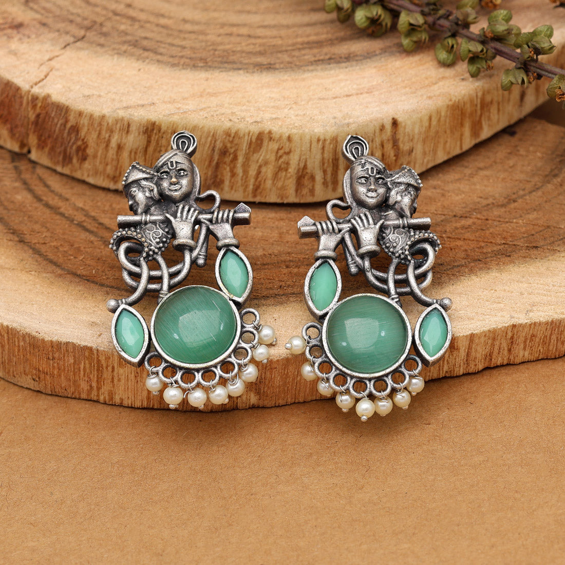 Pista Green Color Lord Radha Krishna Monalisa Stone Oxidised Earrings (GSE2837PGRN) - preyans.com