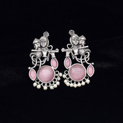 Pink Color Lord Radha Krishna Monalisa Stone Oxidised Earrings (GSE2837PNK) - preyans.com