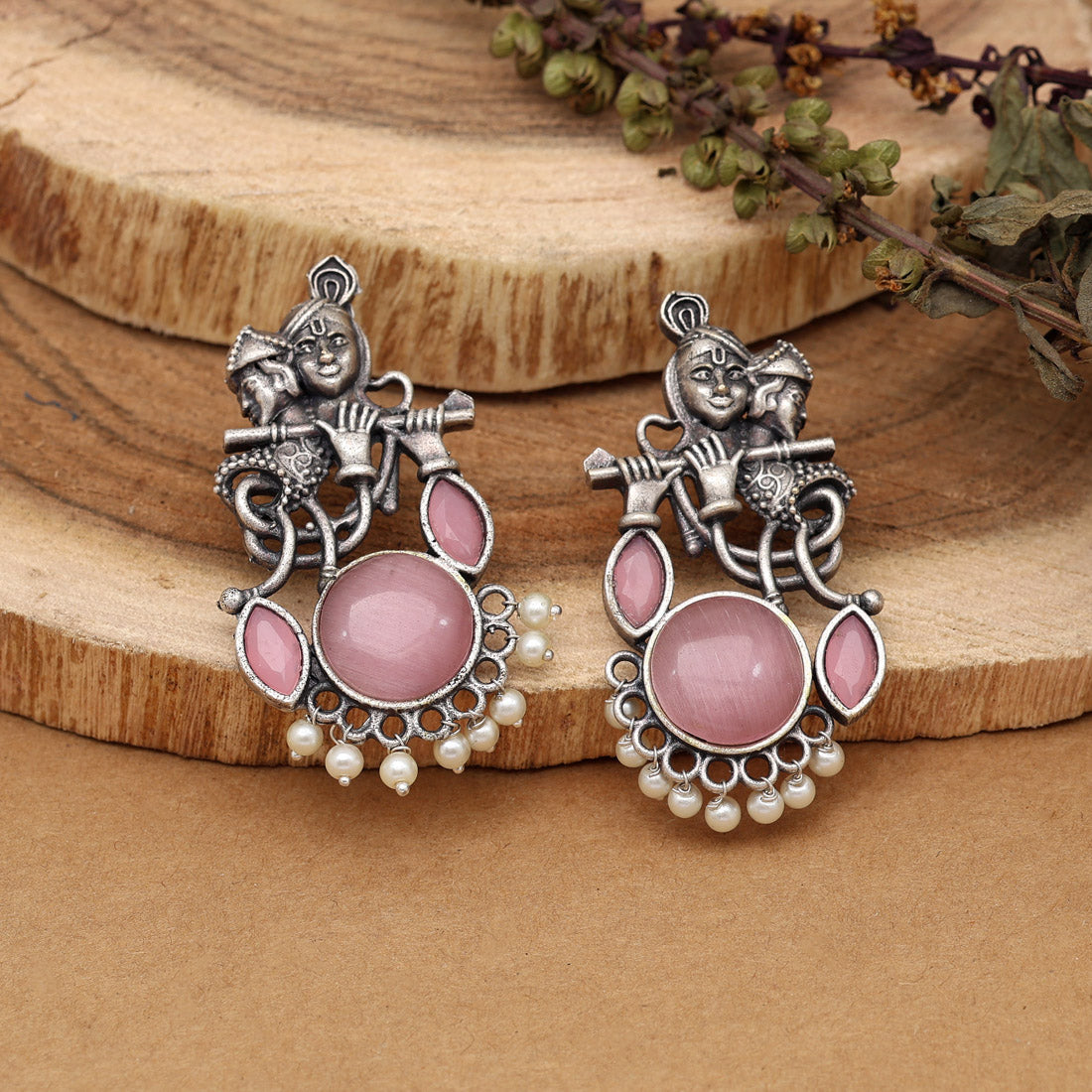 Pink Color Lord Radha Krishna Monalisa Stone Oxidised Earrings (GSE2837PNK) - preyans.com