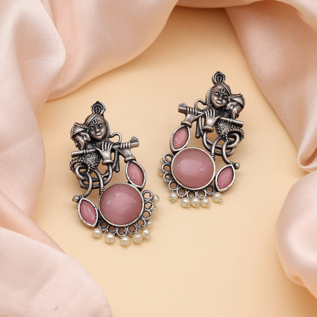 Pink Color Lord Radha Krishna Monalisa Stone Oxidised Earrings (GSE2837PNK) - preyans.com