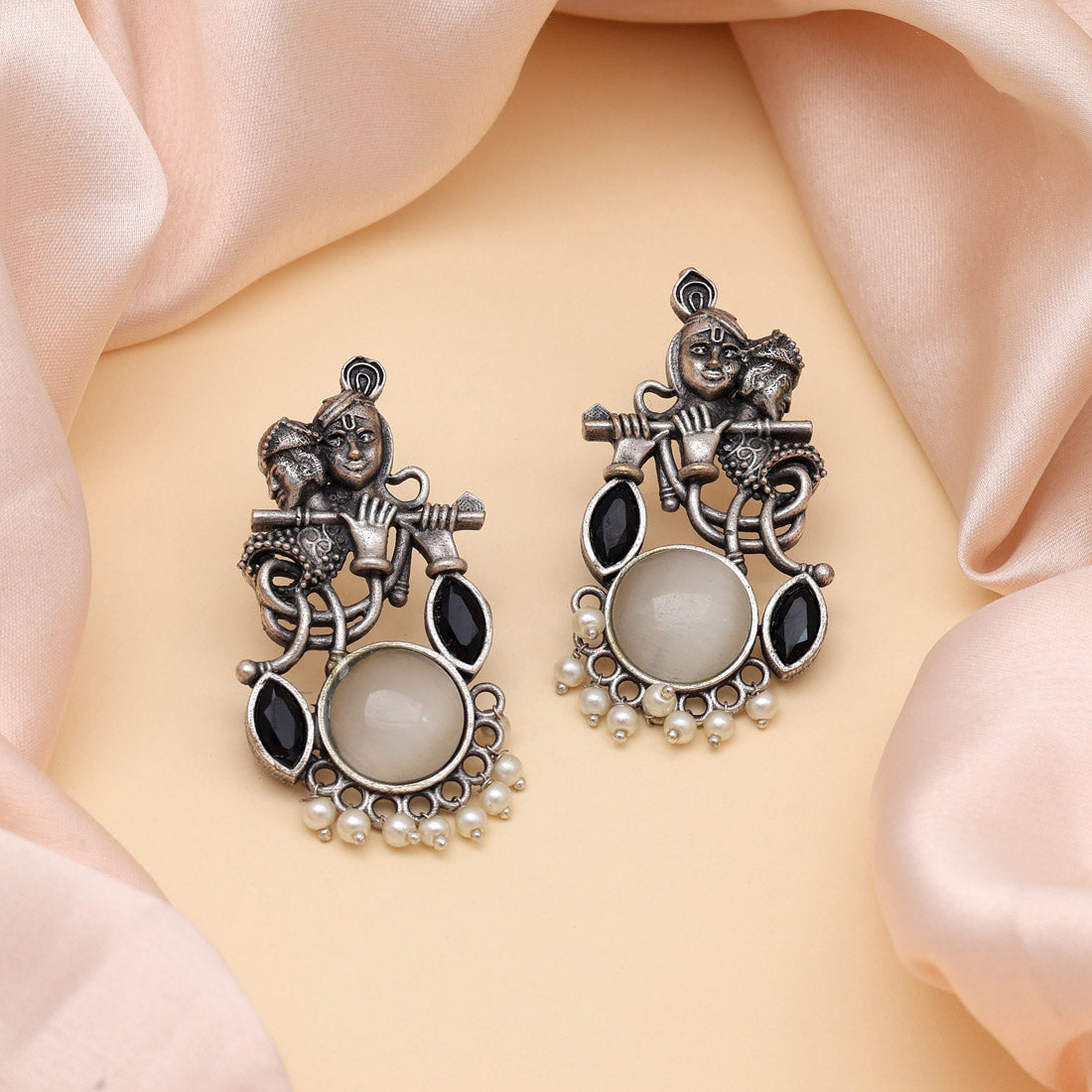 White Color Lord Radha Krishna Monalisa Stone Oxidised Earrings (GSE2837WHT) - preyans.com