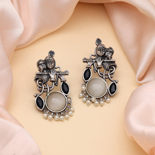 White Color Lord Radha Krishna Monalisa Stone Oxidised Earrings (GSE2837WHT) - preyans.com