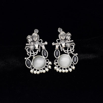 White Color Lord Radha Krishna Monalisa Stone Oxidised Earrings (GSE2837WHT) - preyans.com