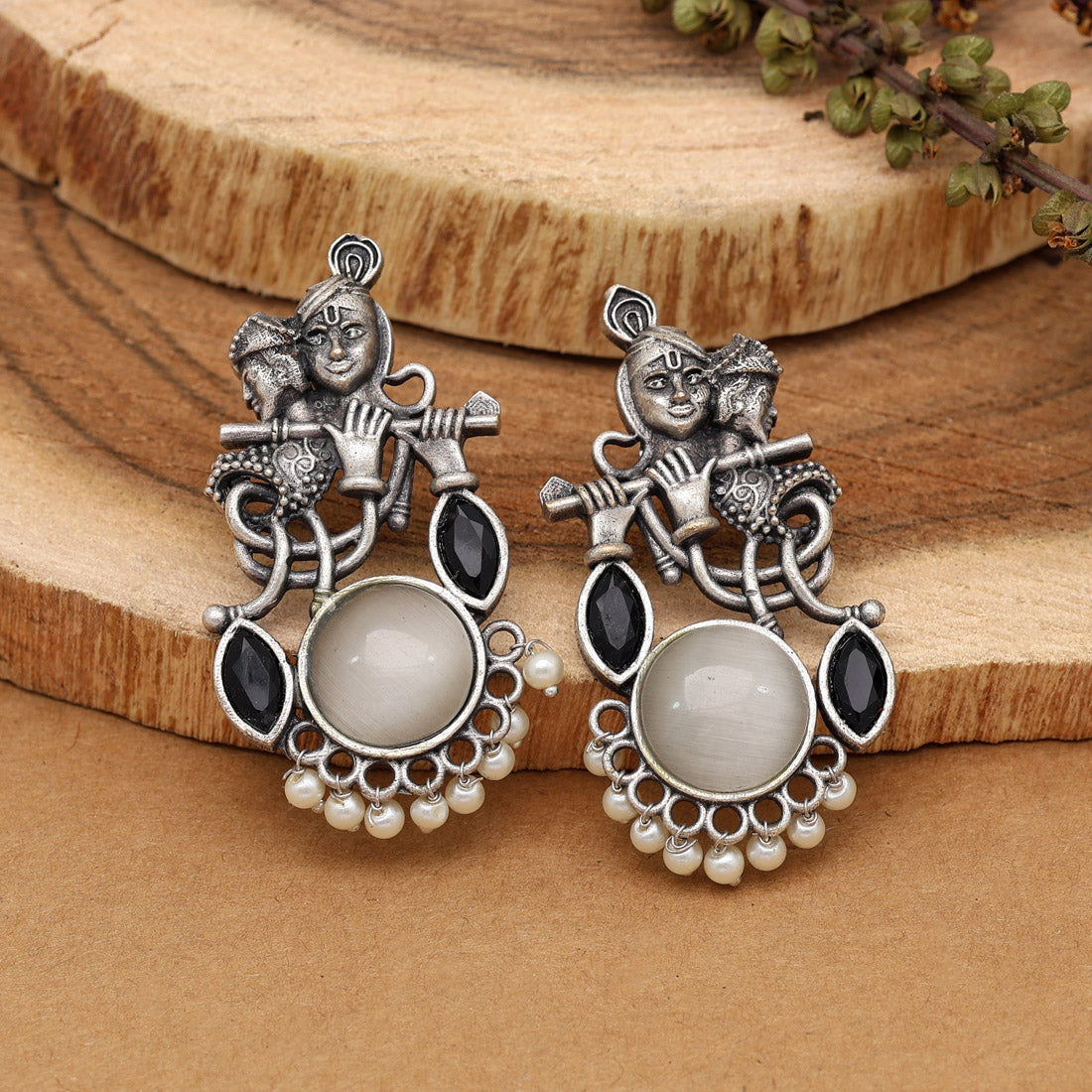 White Color Lord Radha Krishna Monalisa Stone Oxidised Earrings (GSE2837WHT) - preyans.com