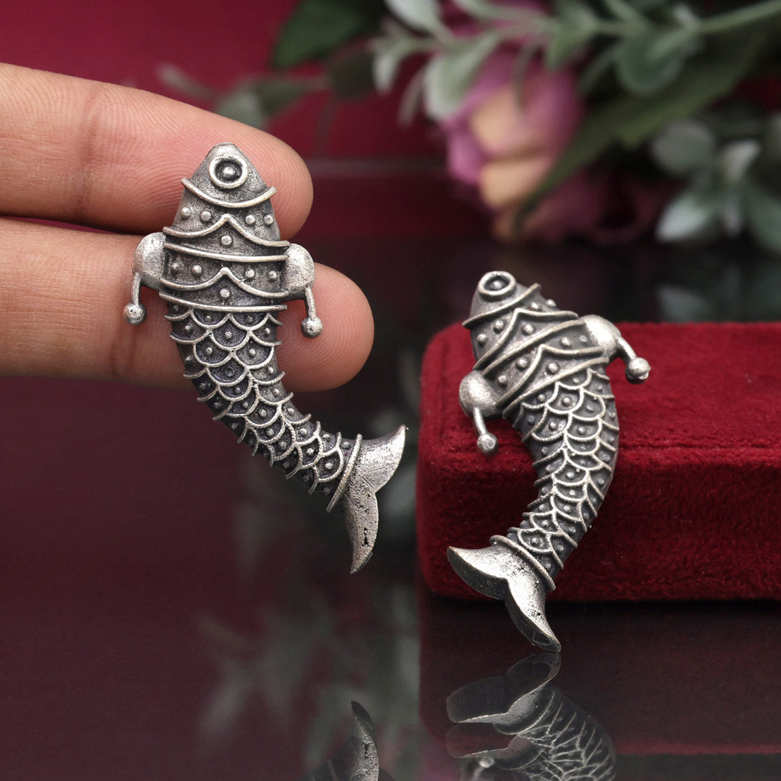 Silver Color Fish Design Oxidised Earrings (GSE2933SLV) - preyans.com