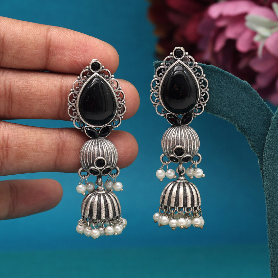 Black Color Monalisa Stone Oxidised Earrings (GSE2958BLK) - preyans.com