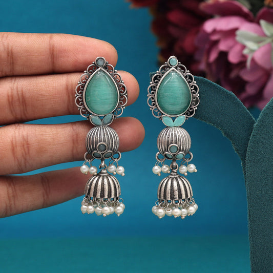 Pista Green Color Monalisa Stone Oxidised Earrings (GSE2958PGRN) - preyans.com