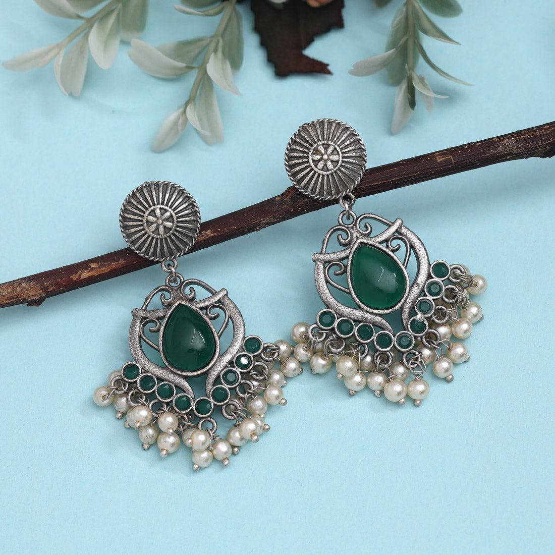 Green Color Oxidised Earrings (GSE2961GRN) - preyans.com