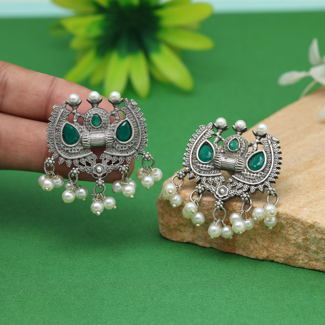 Green Color Oxidised Earrings (GSE2962GRN) - preyans.com