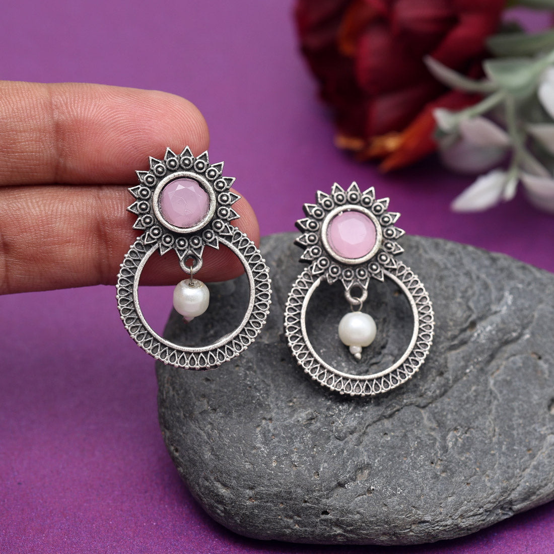 Pink Color Oxidised Earrings (GSE2966PNK) - preyans.com