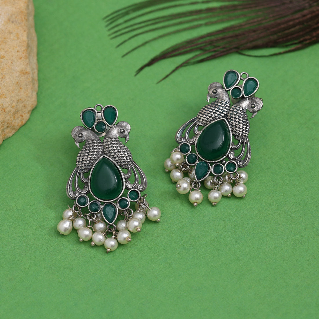 Green Color Oxidised Earrings (GSE2968GRN) - preyans.com