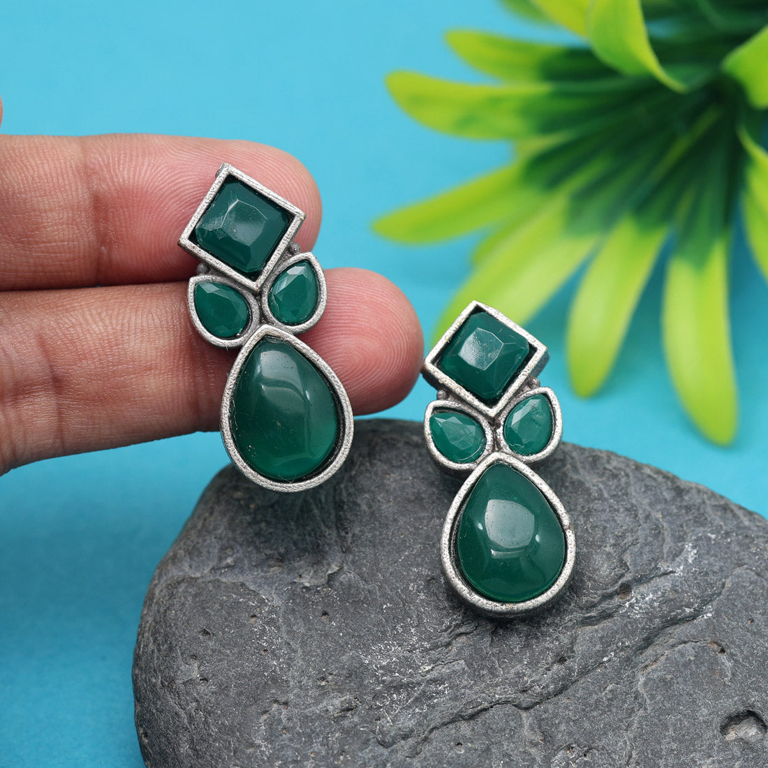 Green Color Oxidised Earrings (GSE2969GRN) - preyans.com