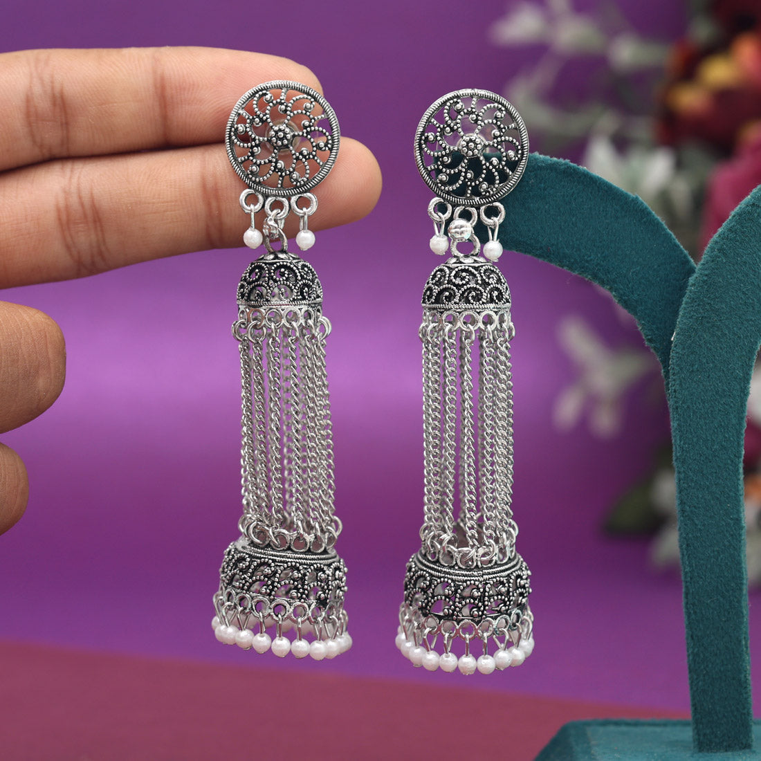 Silver Color Oxidised Earrings (GSE2987SLV) - preyans.com