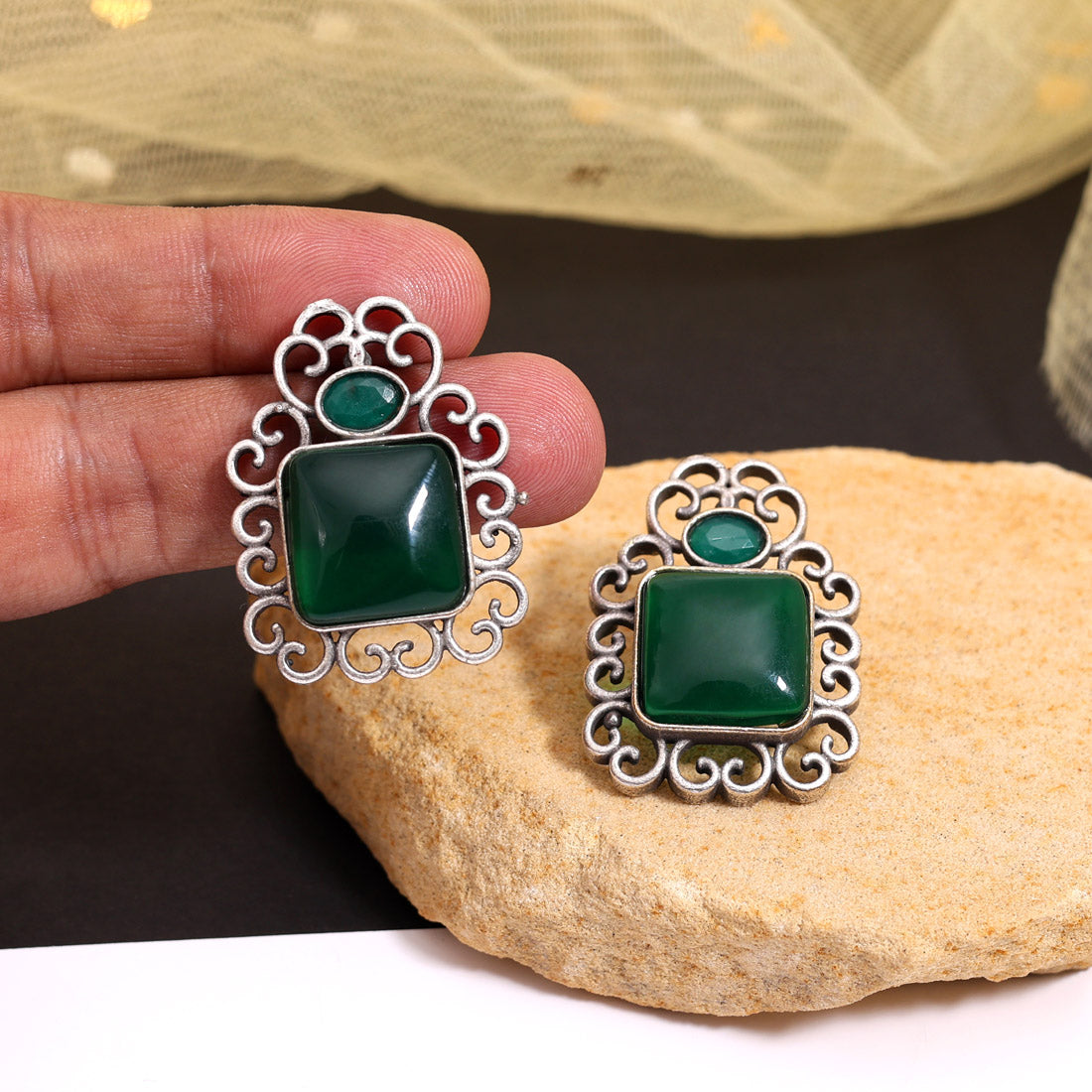 Green Color Oxidised Earrings (GSE2992GRN) - Preyans.com