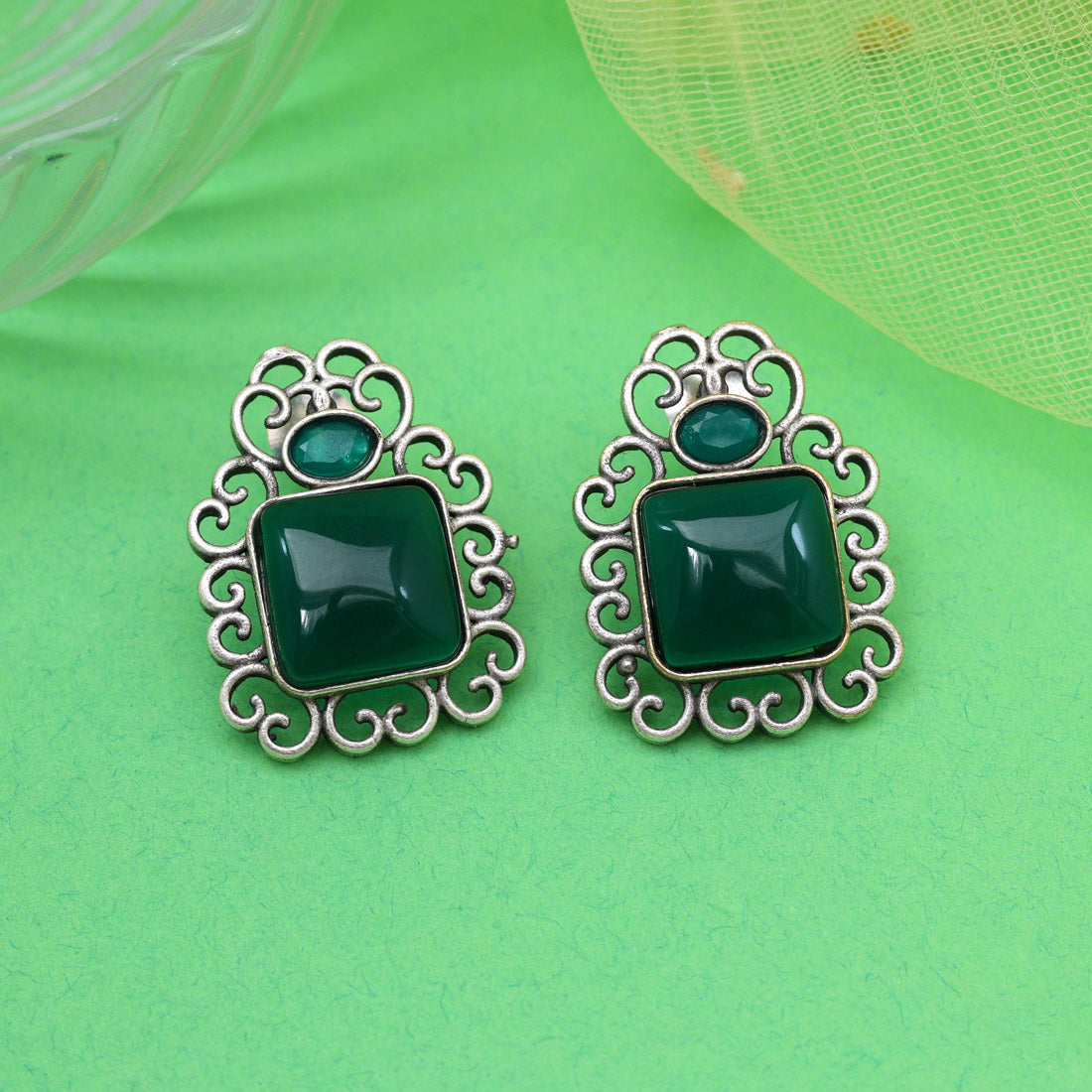 Green Color Oxidised Earrings (GSE2992GRN) - Preyans.com