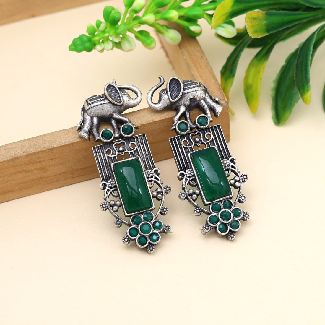 Green Color Oxidised Earrings (GSE2996GRN) - Preyans.com