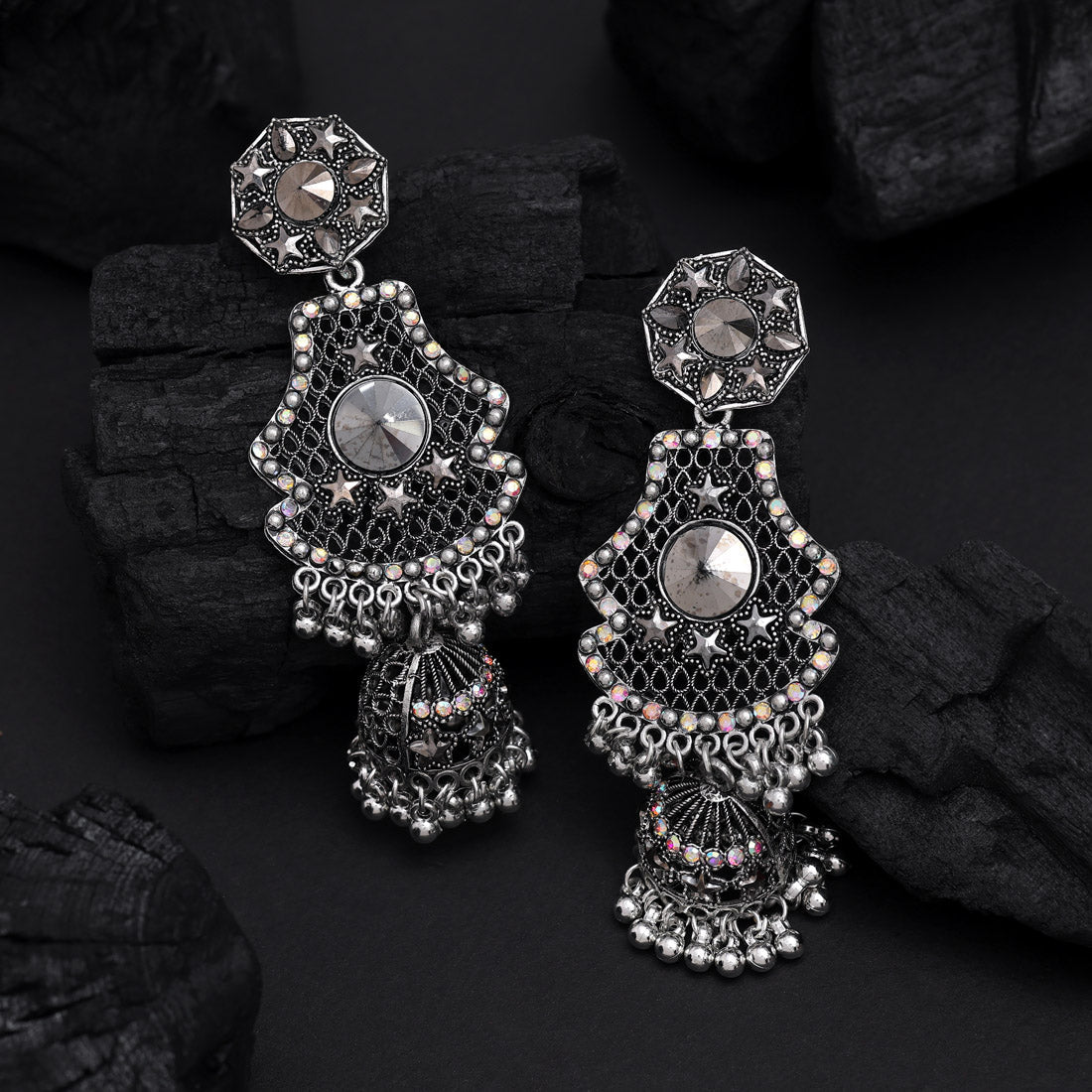 Silver Color Oxidised Earrings (GSE3019SLV) - Preyans.com