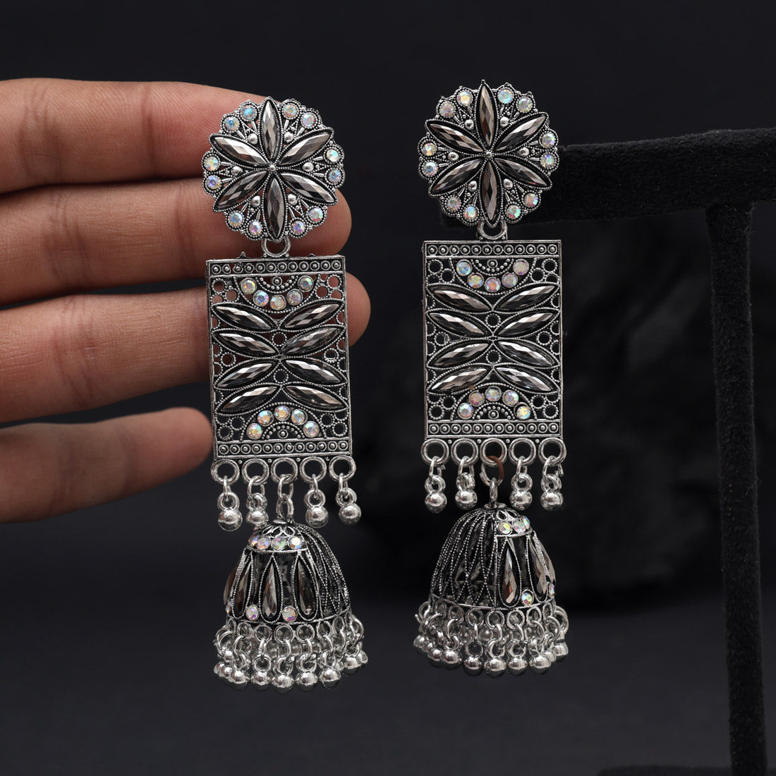 Silver Color Oxidised Earrings (GSE3043SLV) - Preyans.com